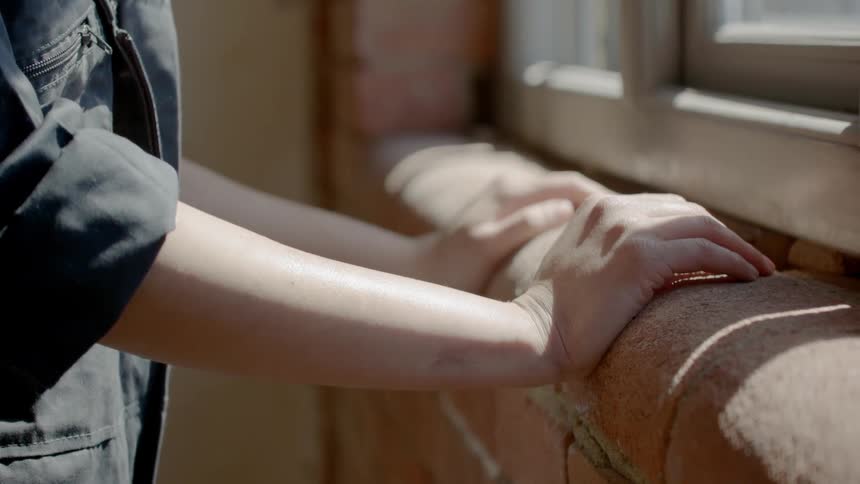 A womans hands leaning against the brick as she looks out a window on a sunny day