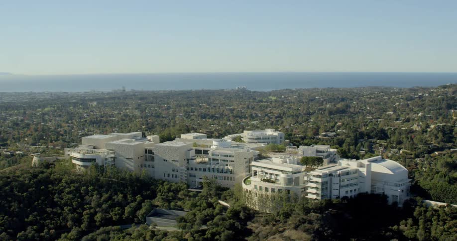 Aerial view of the Getty Museum with an ocean backdrop