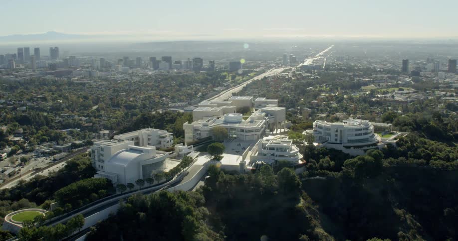 Sweeping aerial establishing shot of the Getty Museum in Los Angeles