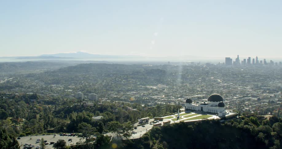 Aerial view of the Griffith Observatory with Downtown Los Angeles backdrop