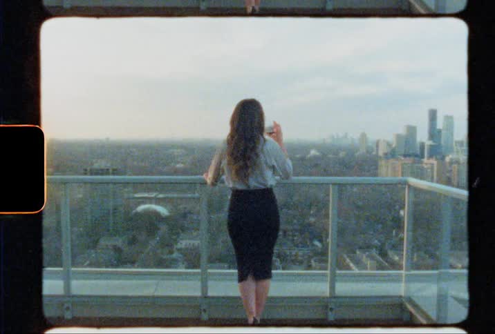 Woman drinking wine on a balcony looking at the city view