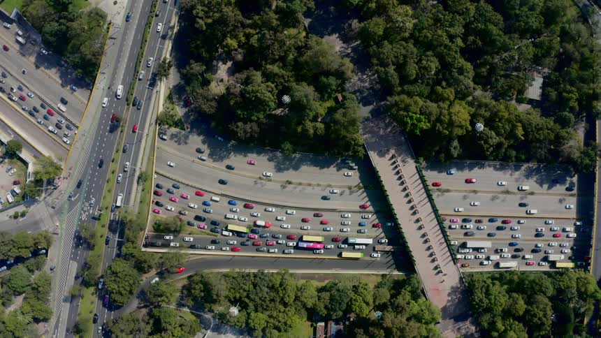 The many lanes of a congested highway from above