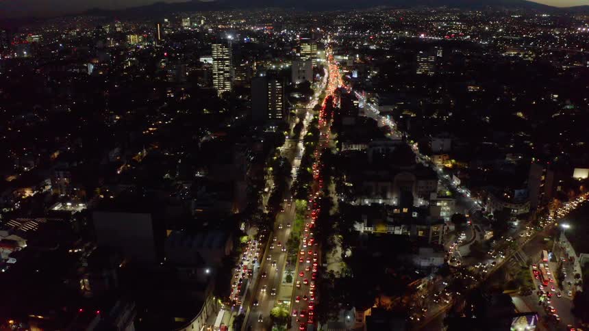 Ariel view of large traffic jam on a highway at night