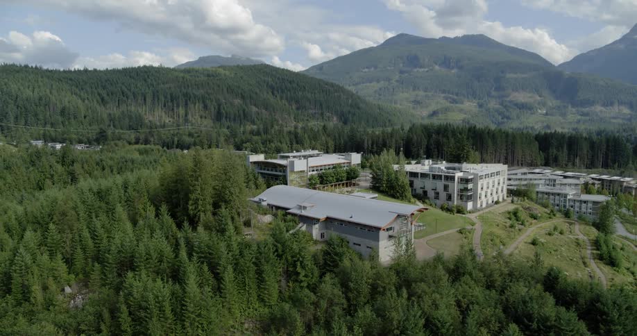 The buildings on the hill are surrounded by trees