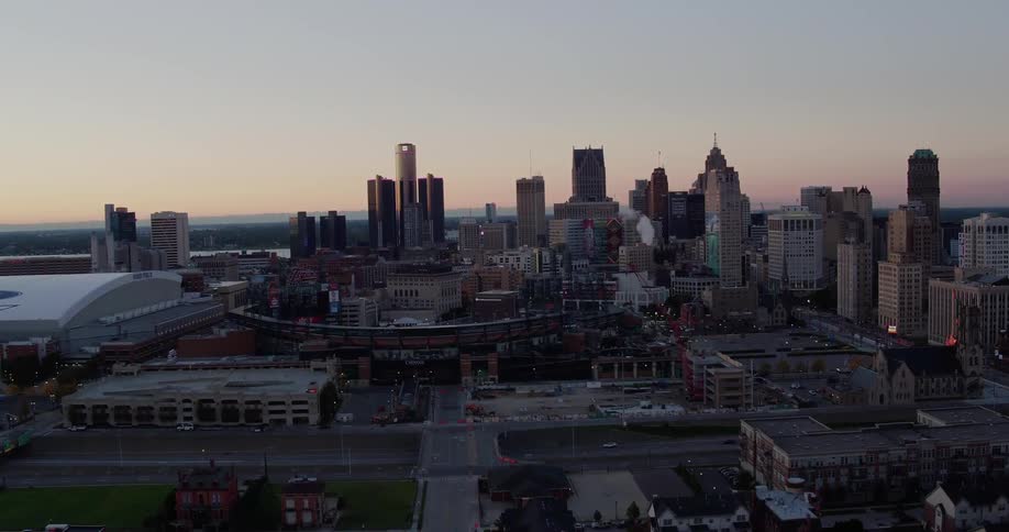 Skyline of the city with tall buildings and skyscrapers at dusk