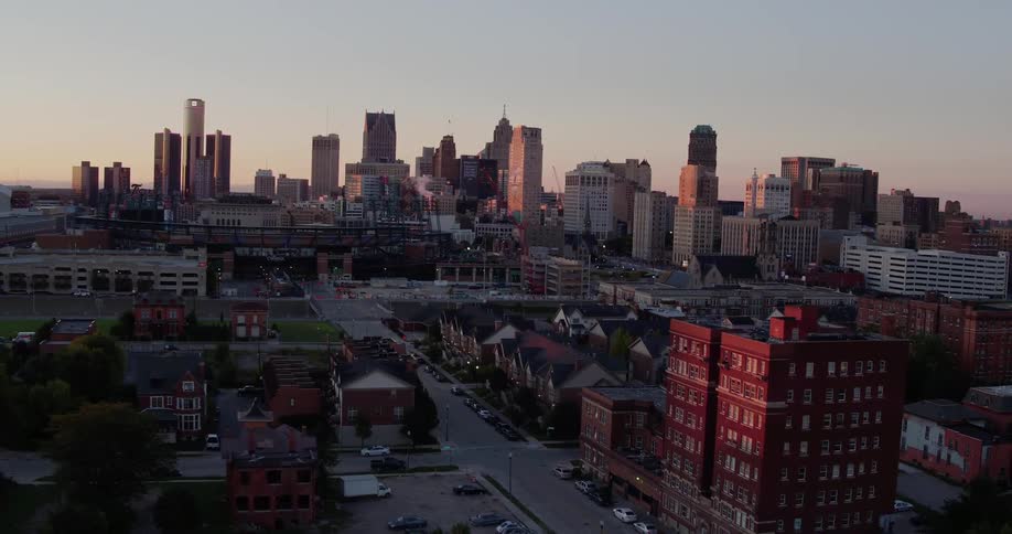 Aerial shot of a city at dawn