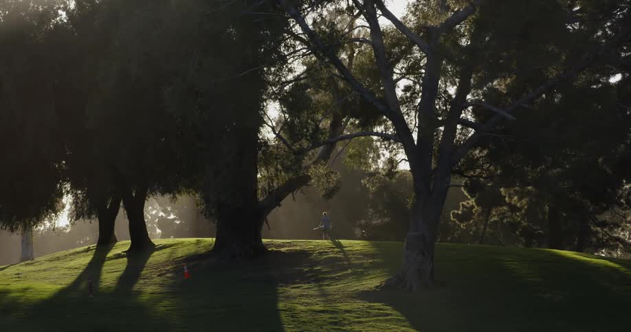 A golfer walks across the green