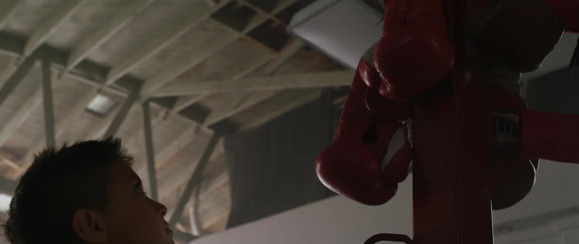 A boy looks up at boxing gloves