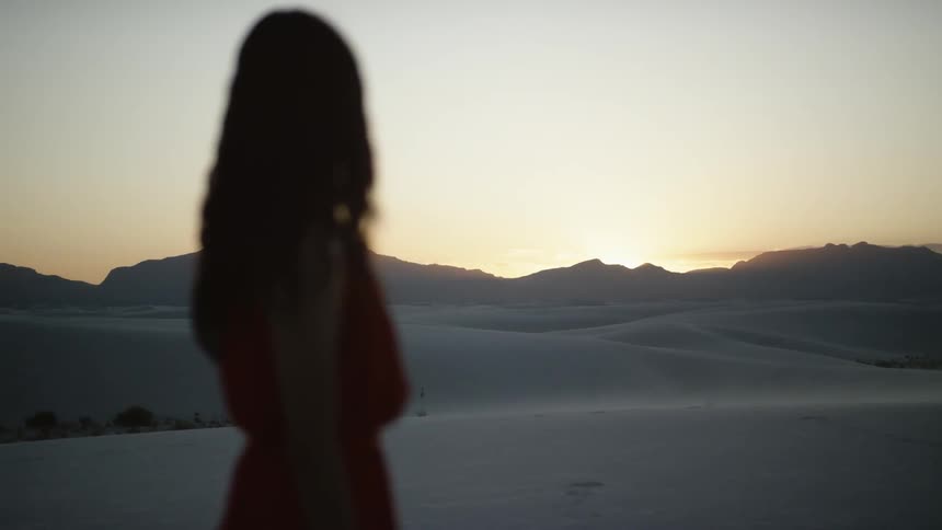 A woman wearing a dress stands in the desert