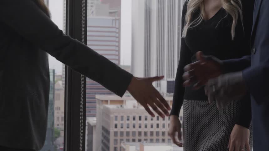 A group of people in a skyscraper shaking hands near the window