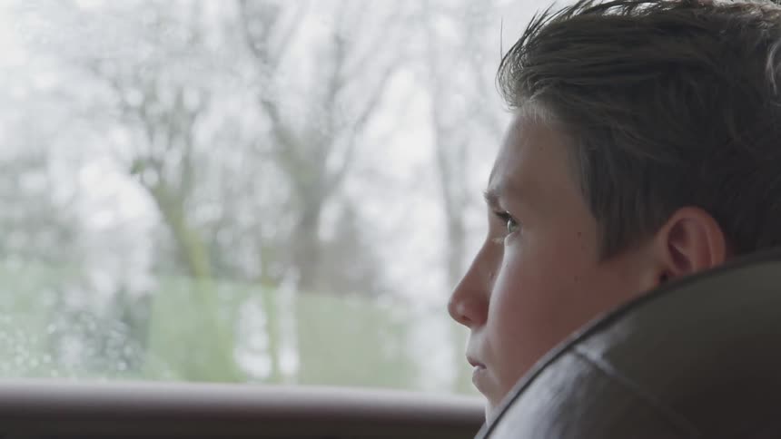 A boy sitting in the passenger seat of a moving vehicle