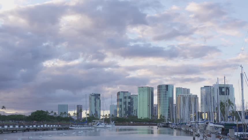 The boats line the shore near the city