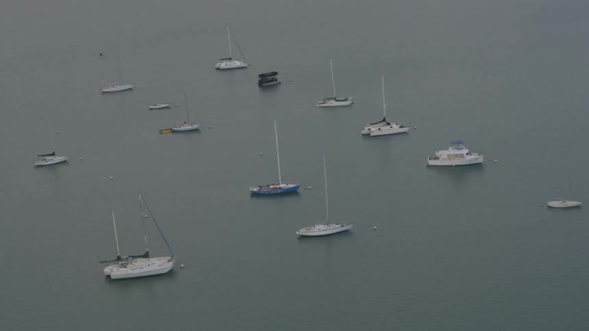 Boats are moored in a body of water