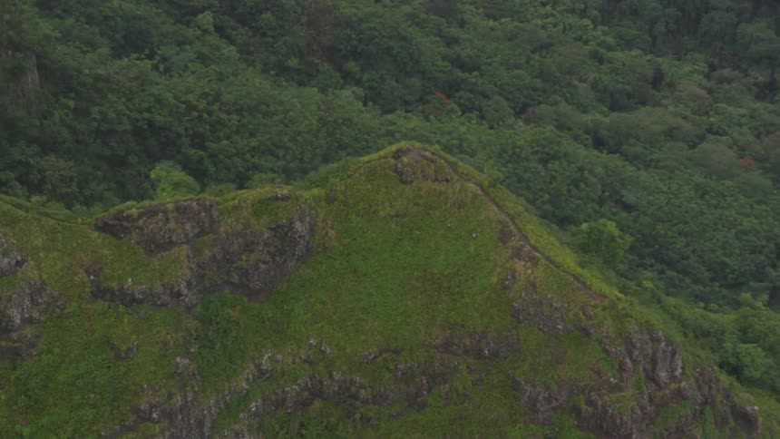 An escarpment lushly covered in vegetation is flanked by hilly forests