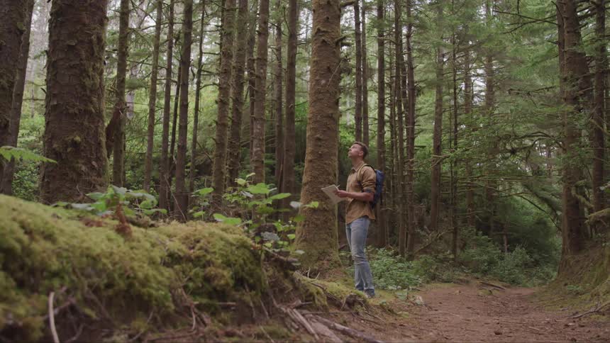 A man holds a piece of paper in the woods and looks straight up to the sky