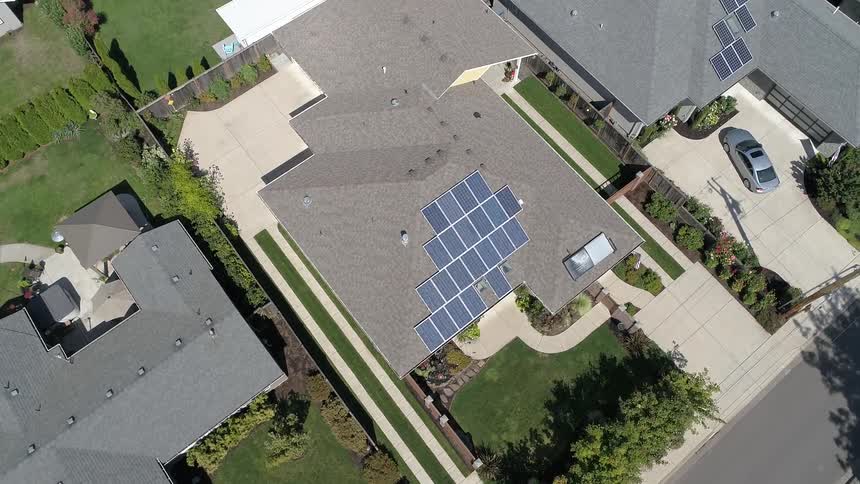 Birds eye view of the tops of houses