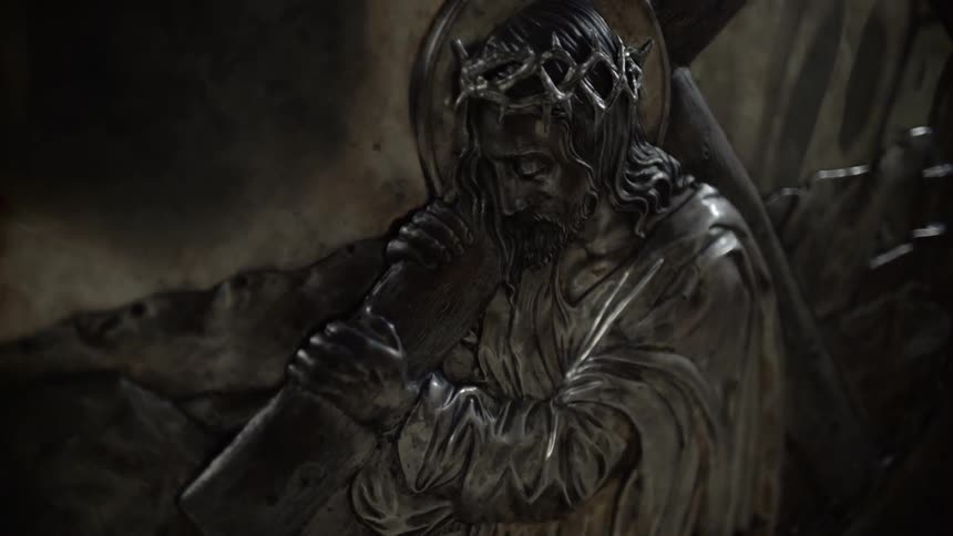 A statue is displayed of religious nature