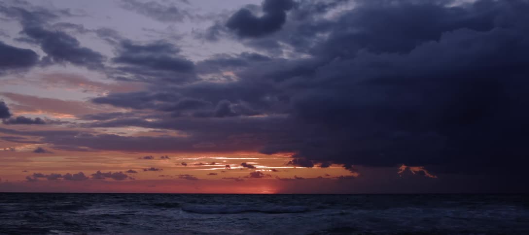 Waves crash in the ocean as the sun sets and birds fly above