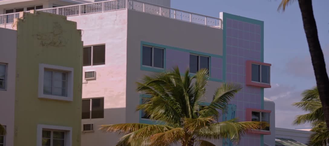 Apartment building sit near palm trees in a tropical climate