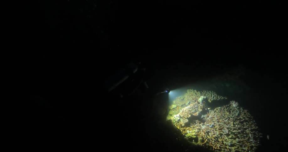 A man swims in a dark cave
