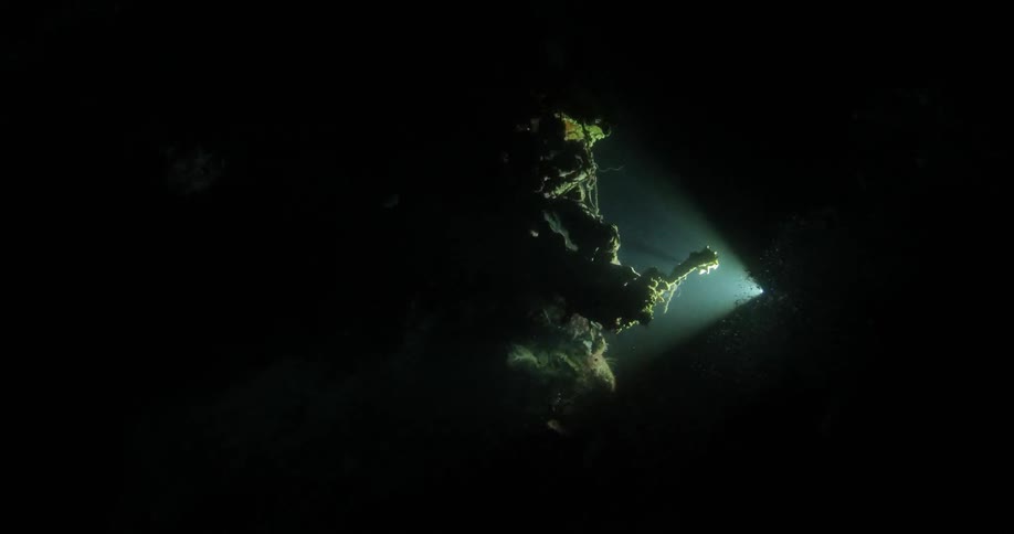 A light shines deep underwater
