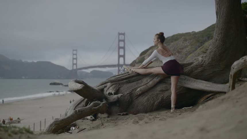 A dancer stretches her leg on a large piece of driftwood