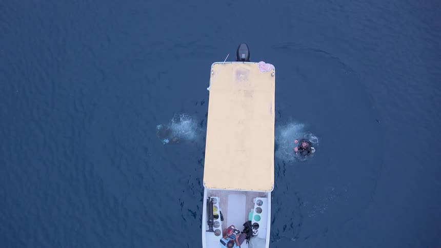 Scuba divers dropping into the water