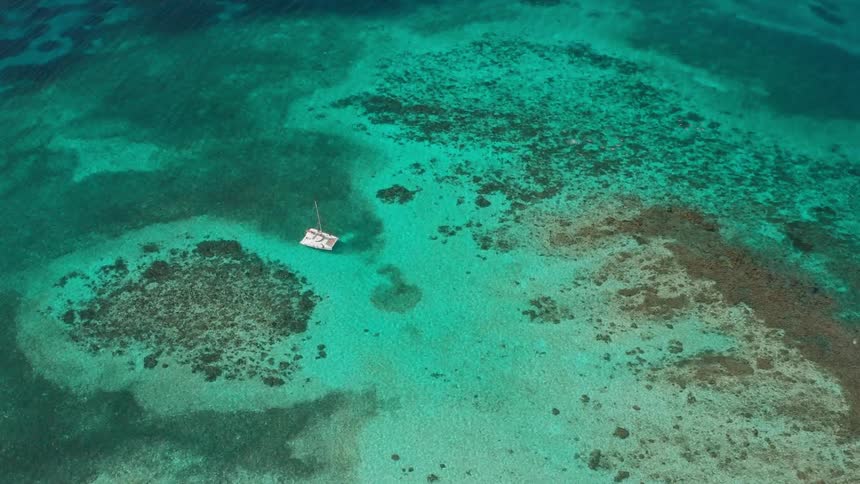 A catamaran is anchored above an a series reefs that are visible below beautifully clear tropical waters