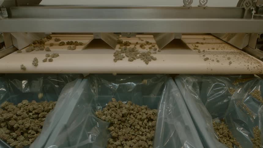 Marijuana buds drop off of a conveyor belt into a row of three long rectangular containers lined with plastic