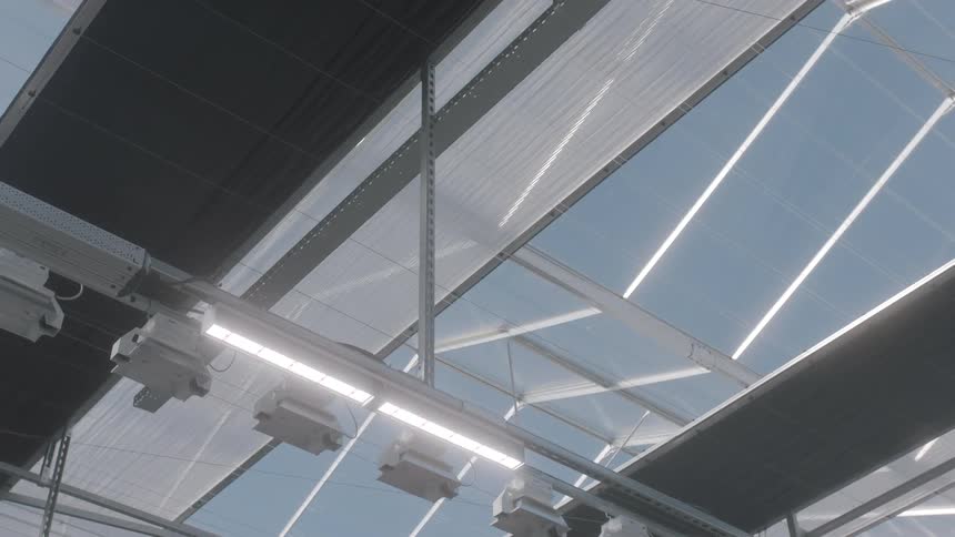 The ceiling has metal beams and lights