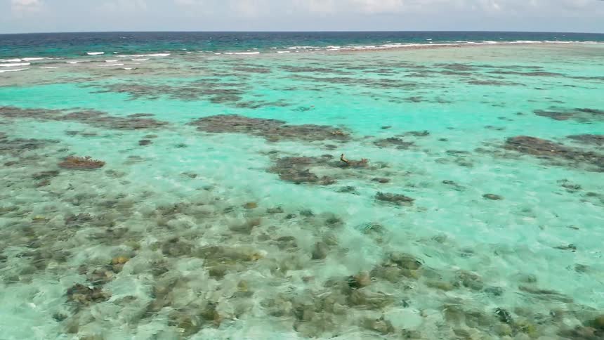 A coral reef with the sky and clouds in the background