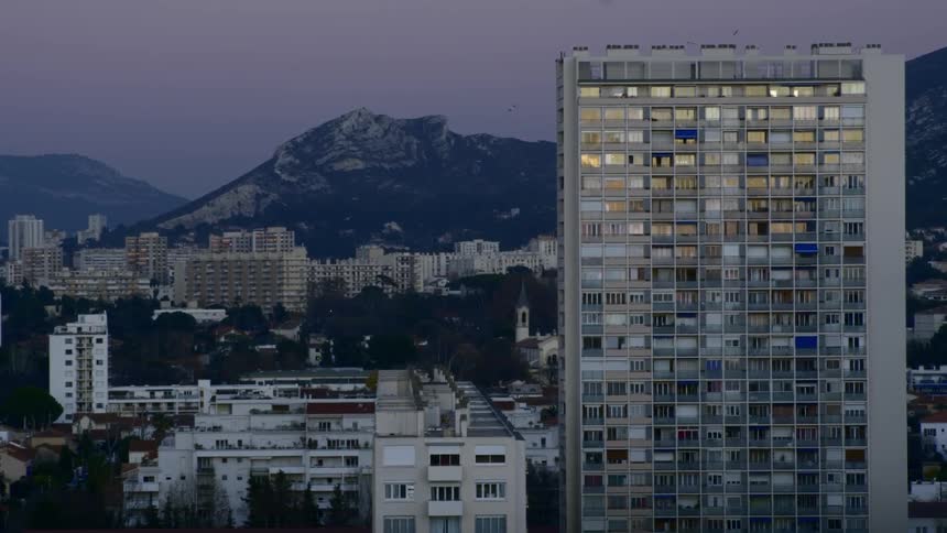 Birds fly over and past a high rise with lights glowing in the windows