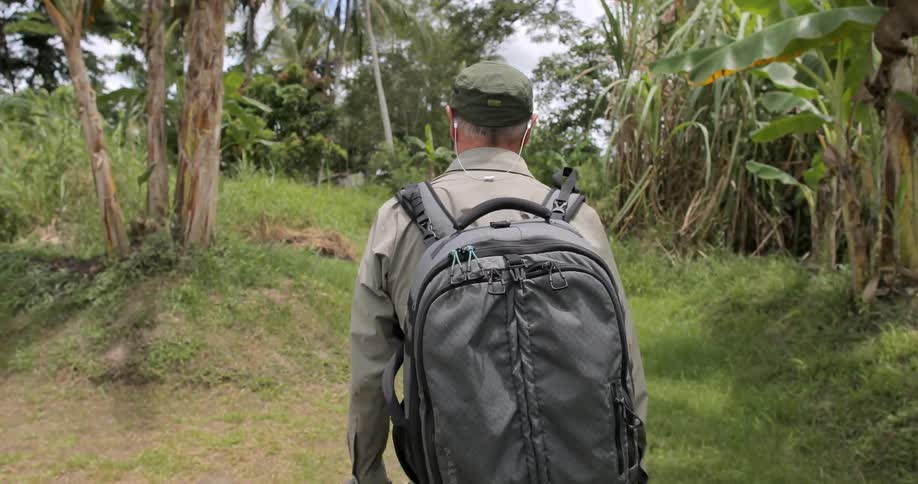 A man in a backpack hiking in a forest