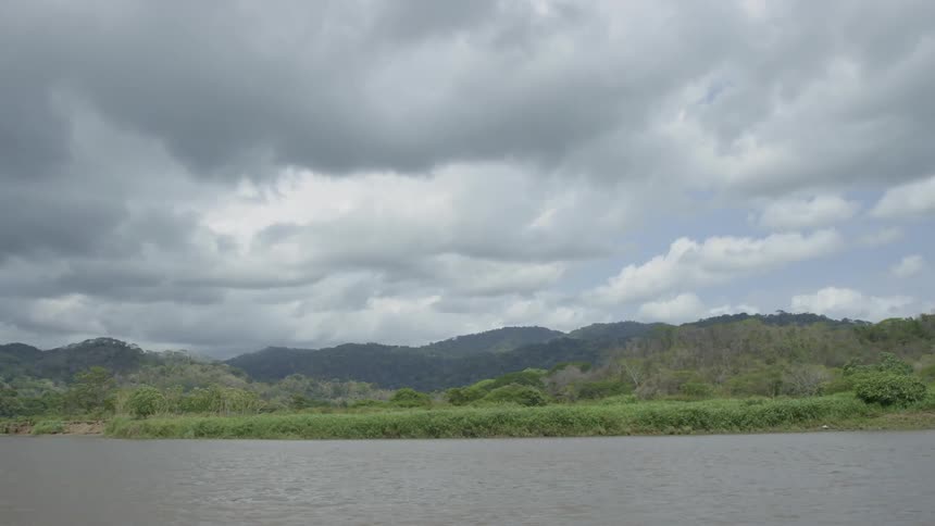 A river flows through a hilly area
