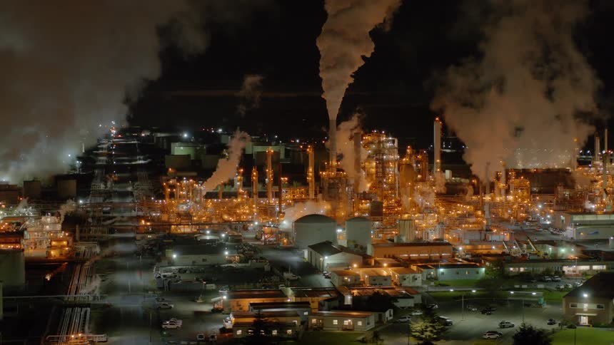 Smoke rises from multiple stacks within a vast oil refinery and processing facility
