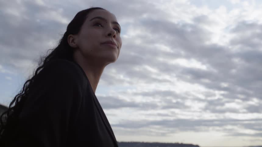 Woman walks near a body of water at dusk under a cloudy sky