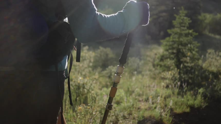 A person walks through the wilderness while holding two poles