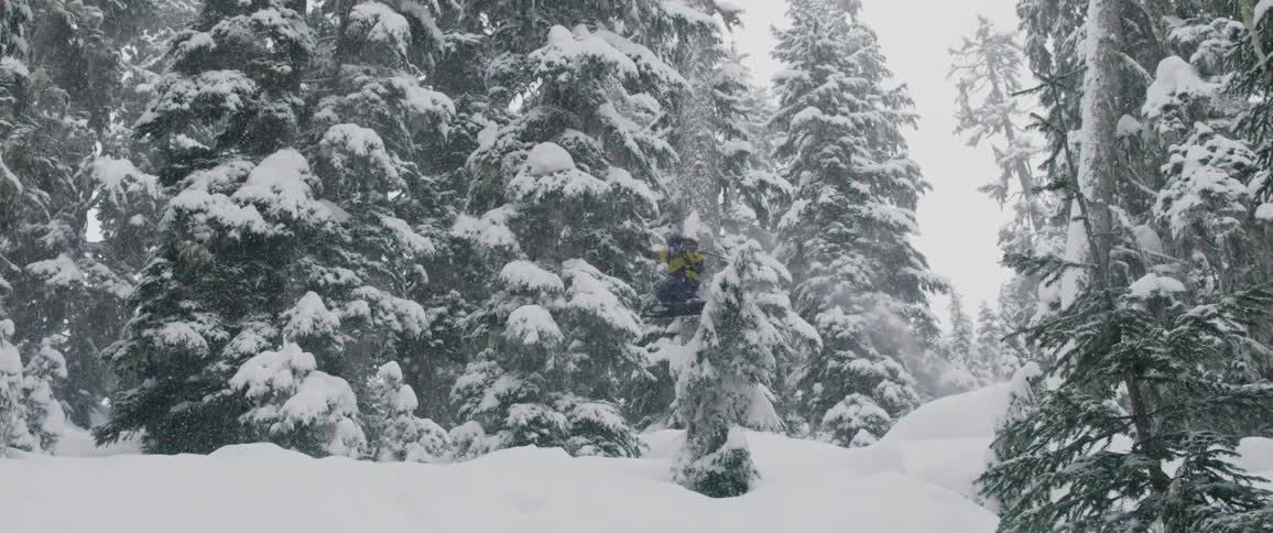 A person is skiing in a forest area and its snowing