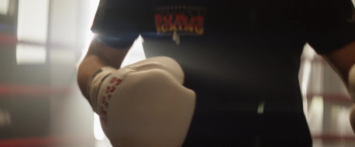 Boxer trains in the boxing ring while the shines through window