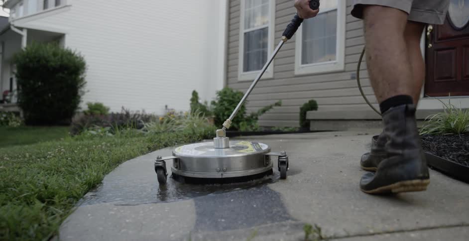 A man uses a surface cleaner to clear a walkway of dirt and debris outside a home