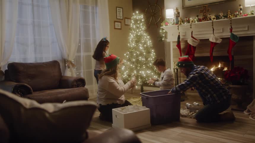 A family goes through a bin of christmas ornaments to hang on the tree