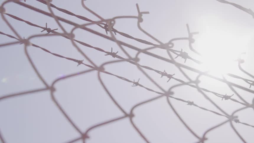 A scenery of barbed wire under the sun flare