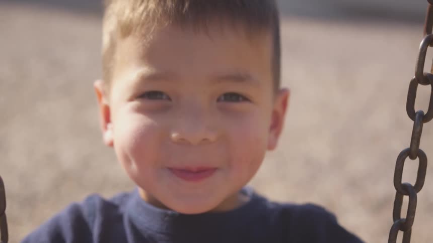 A portrait of a young child playing swing