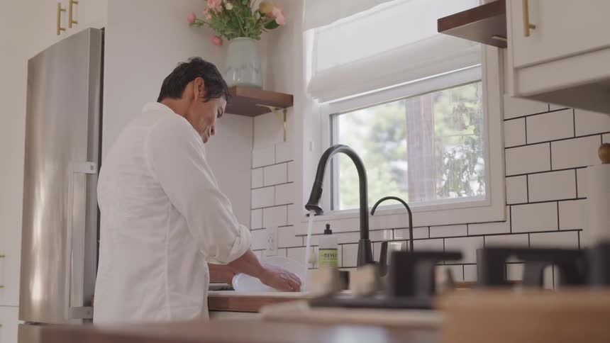 Man standing at kitchen sink washing a plate