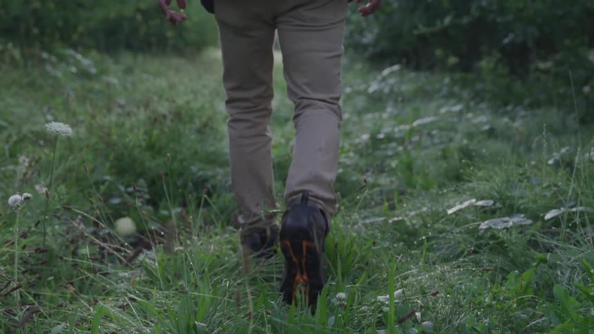 The legs and back of a man walking through the grass