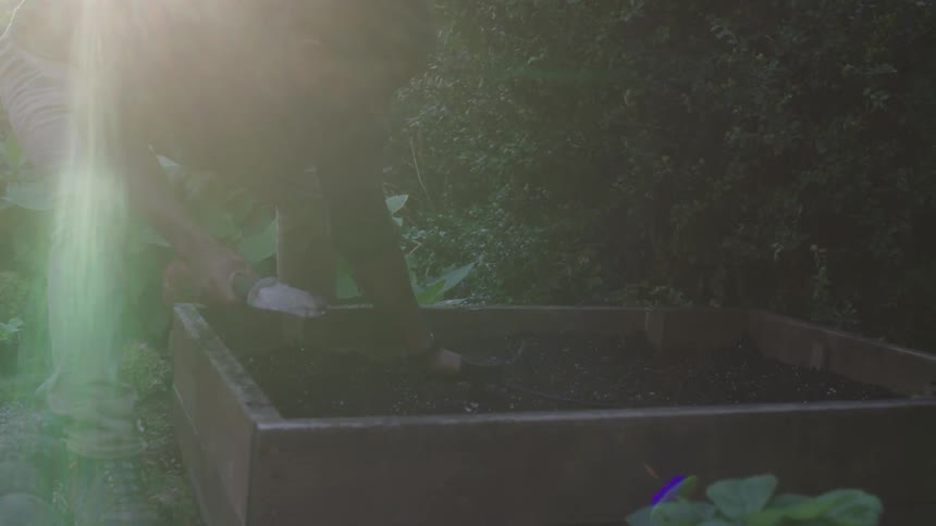A man is preparing dirt in a garden with one hand and holding a hand spade in the other