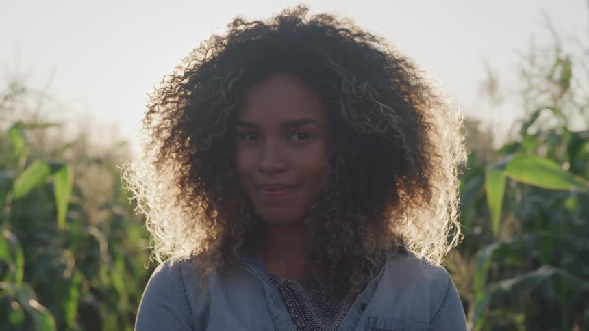 Curly haired brunette woman stands on the farm path in the corn field at sunset
