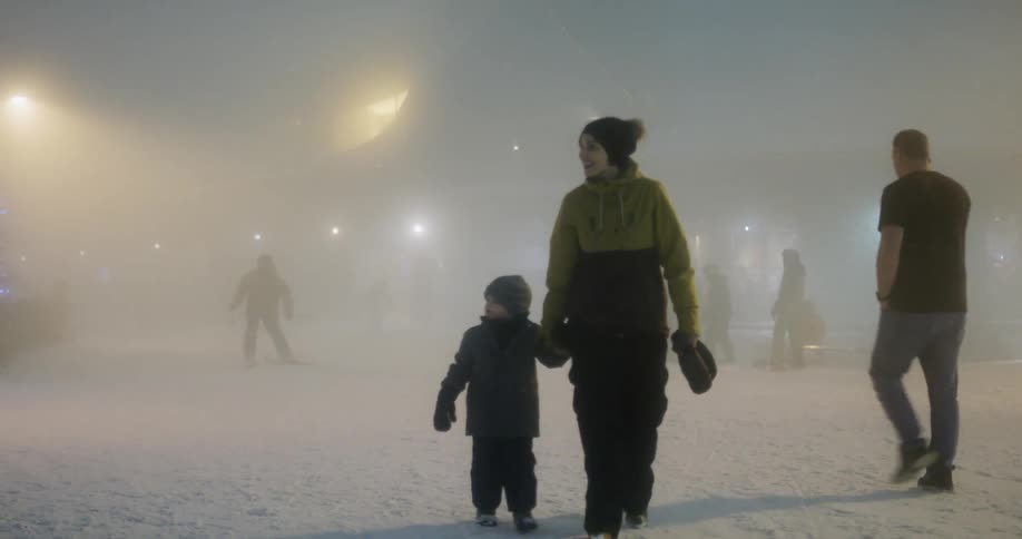 Woman walks across snow holding childs hand