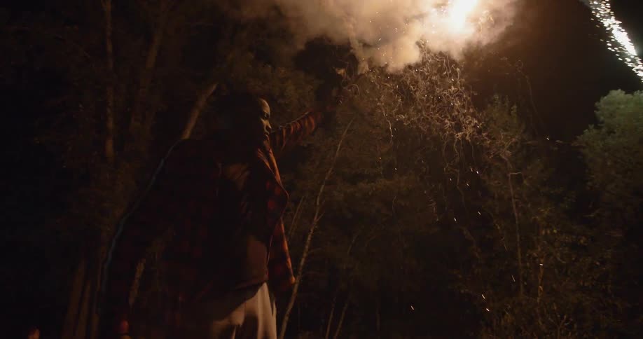 A person holding a roman candle firework in his hand at night