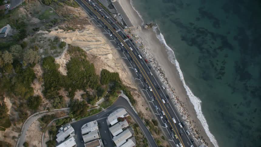 Aerial footage of the Pacific Coast Highway in Malibu and Santa Monica